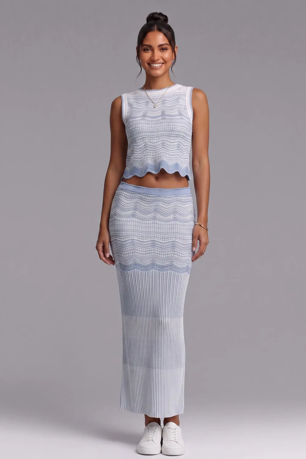Wavy‑Knit Sleeveless Crop Top & Midi Skirt Two‑Piece Set - OWNCI Wavy‑Knit Sleeveless Crop Top & Midi Skirt Two‑Piece Set - OWNCI