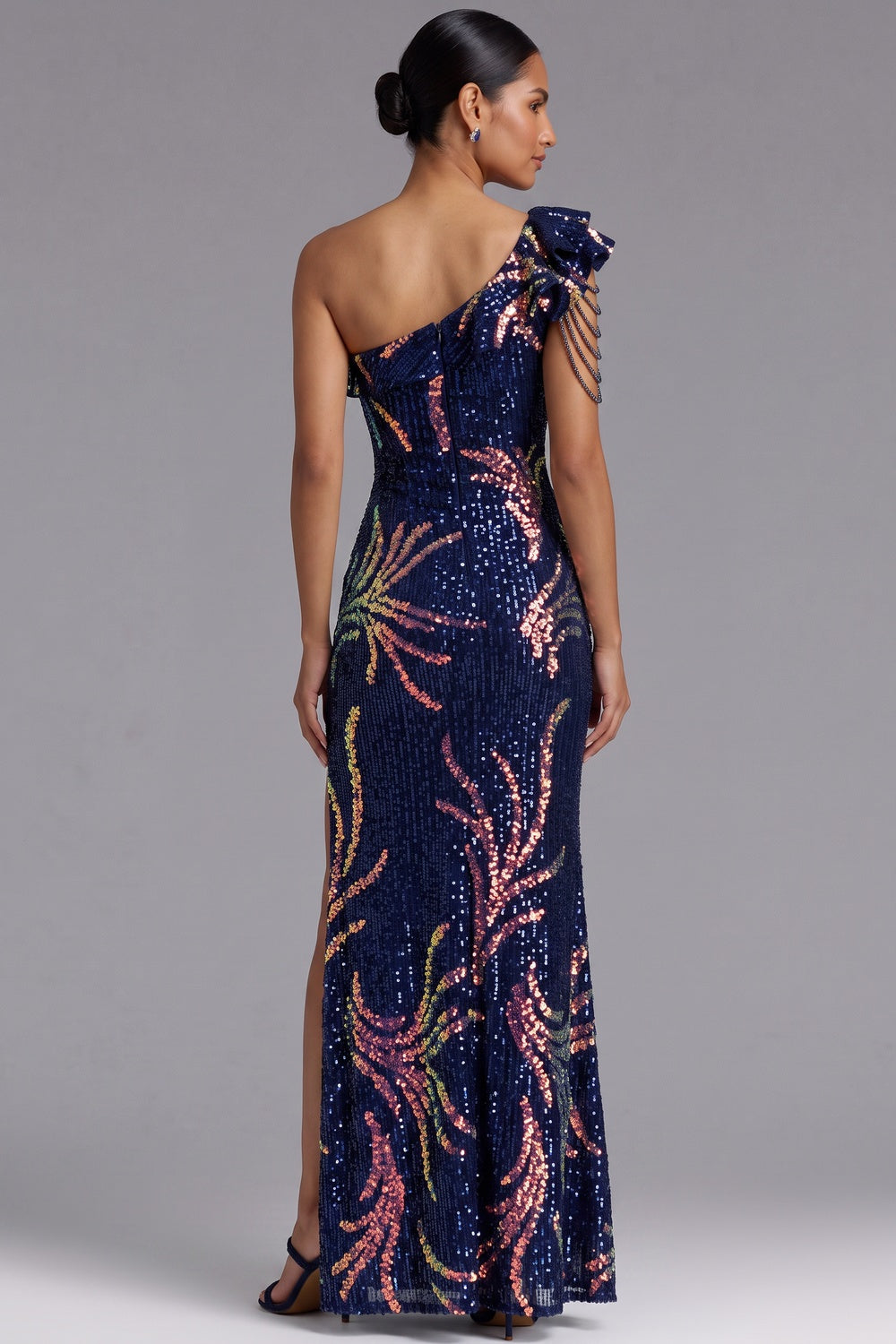 Navy Blue One-Shoulder Sequin Maxi Gown - OWNCI Navy Blue One-Shoulder Sequin Maxi Gown - OWNCI