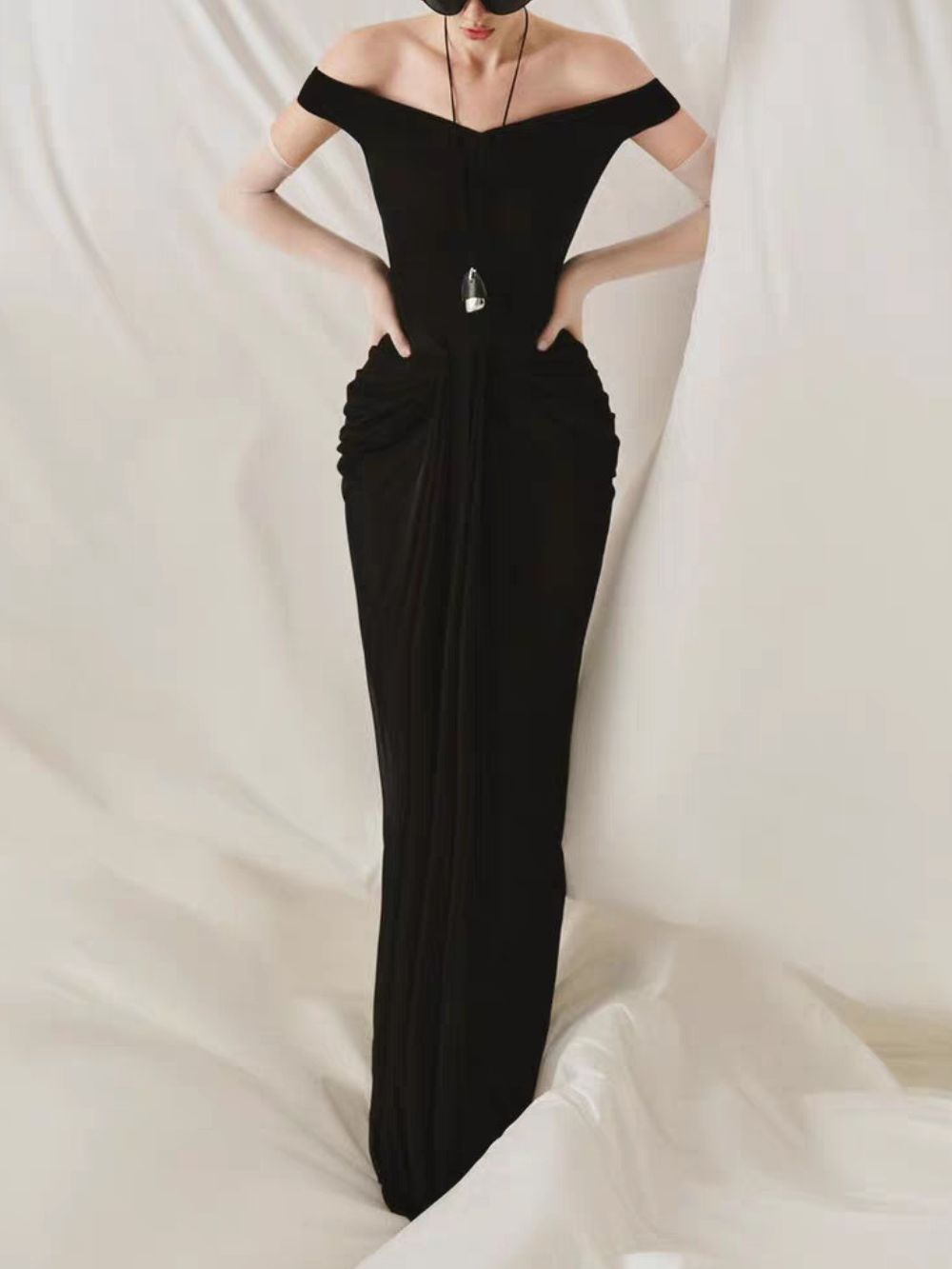 Draped Bardot Maxi Dress Black - OWNCI Draped Bardot Maxi Dress Black - OWNCI