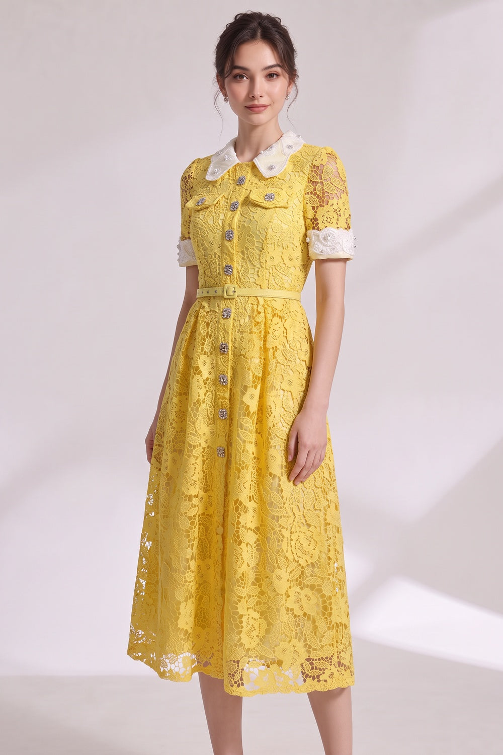 Yellow Guipure Floral Lace A-Line Midi Dress - OWNCI