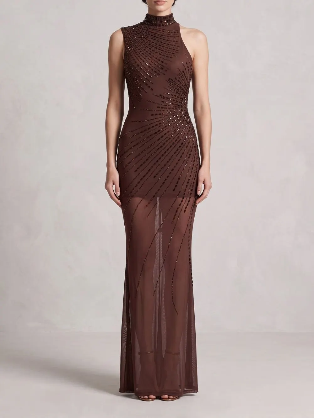 Asymmetric Embellished Maxi Dress Brown - OWNCI
