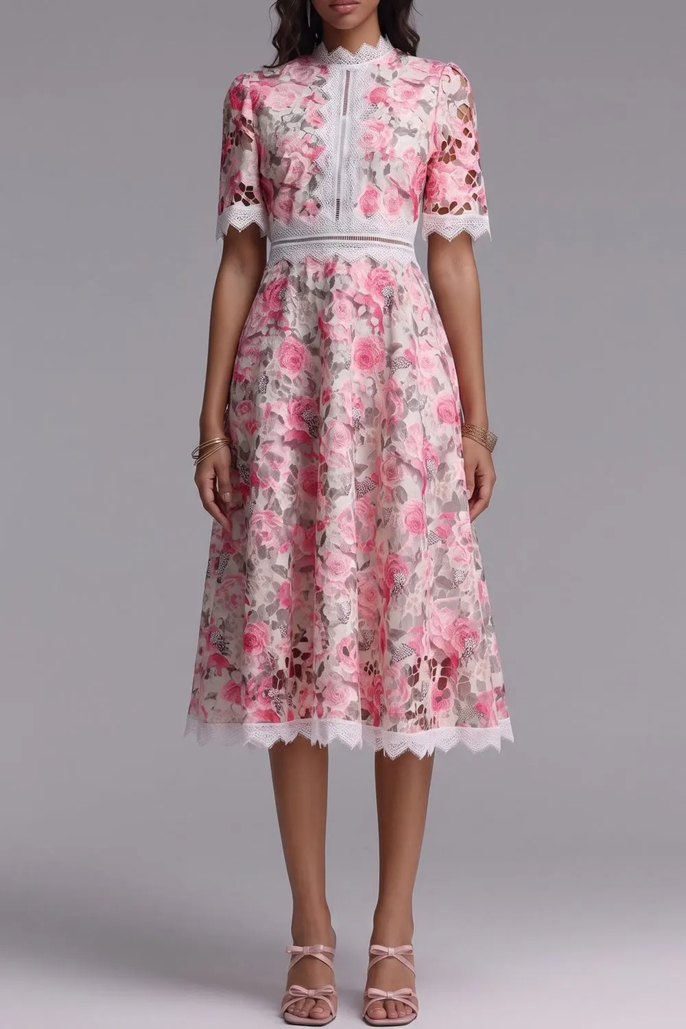 Pink Floral Cutwork Lace Midi Dress - OWNCI Pink Floral Cutwork Lace Midi Dress - OWNCI