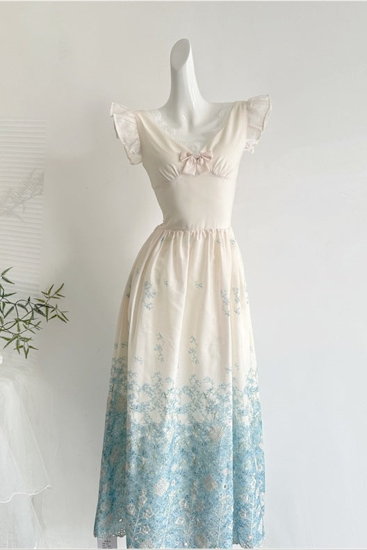 White Cotton Woven Fit-and-Flare Midi Dress with Gradient Floral and Eyelet - OWNCI White Cotton Woven Fit-and-Flare Midi Dress with Gradient Floral and Eyelet - OWNCI