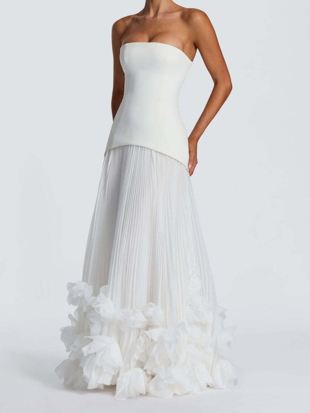 Ovarq Strapless Pleated Flower Maxi Dress In White - OWNCI Ovarq Strapless Pleated Flower Maxi Dress In White - OWNCI