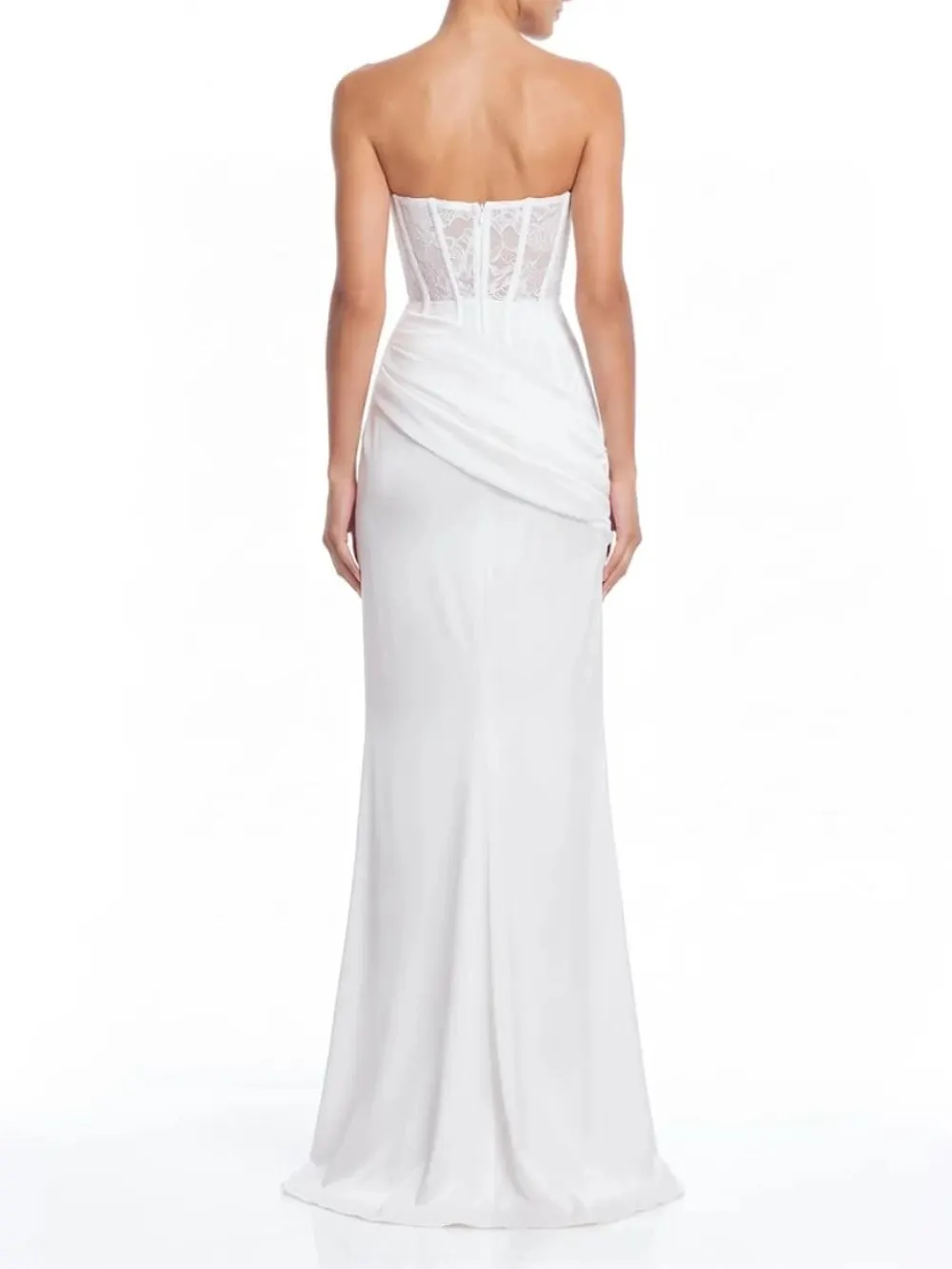 Xervik Strapless Lace Satin Maxi Dress In White - OWNCI