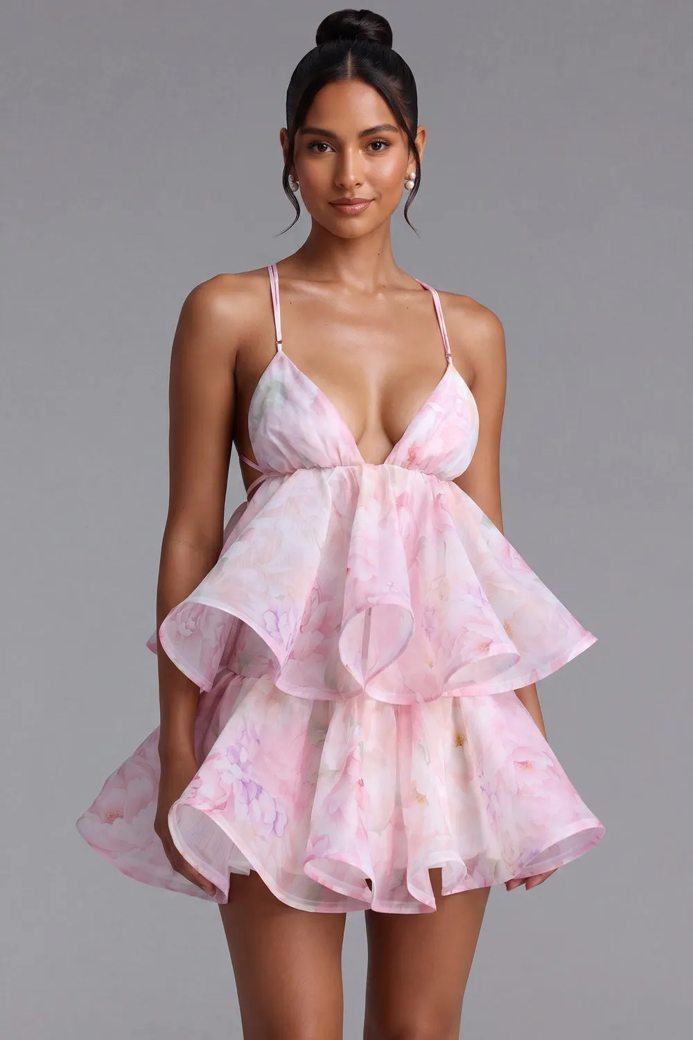 Light Pink Organza Floral A-Line Babydoll Mini Dress - OWNCI
