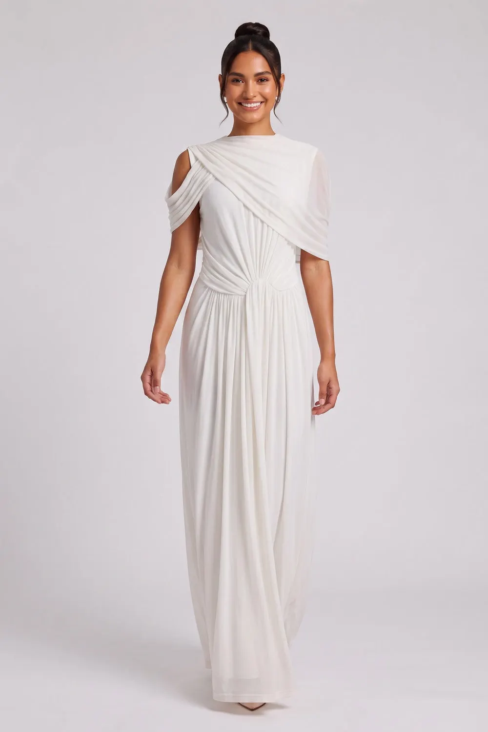 White Draped Maxi Dress with Cold Shoulder Detail - OWNCI White Draped Maxi Dress with Cold Shoulder Detail - OWNCI