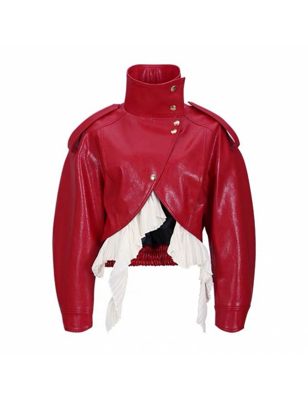 Maysa Red PU Leather Ruffle Jacket - OWNCI
