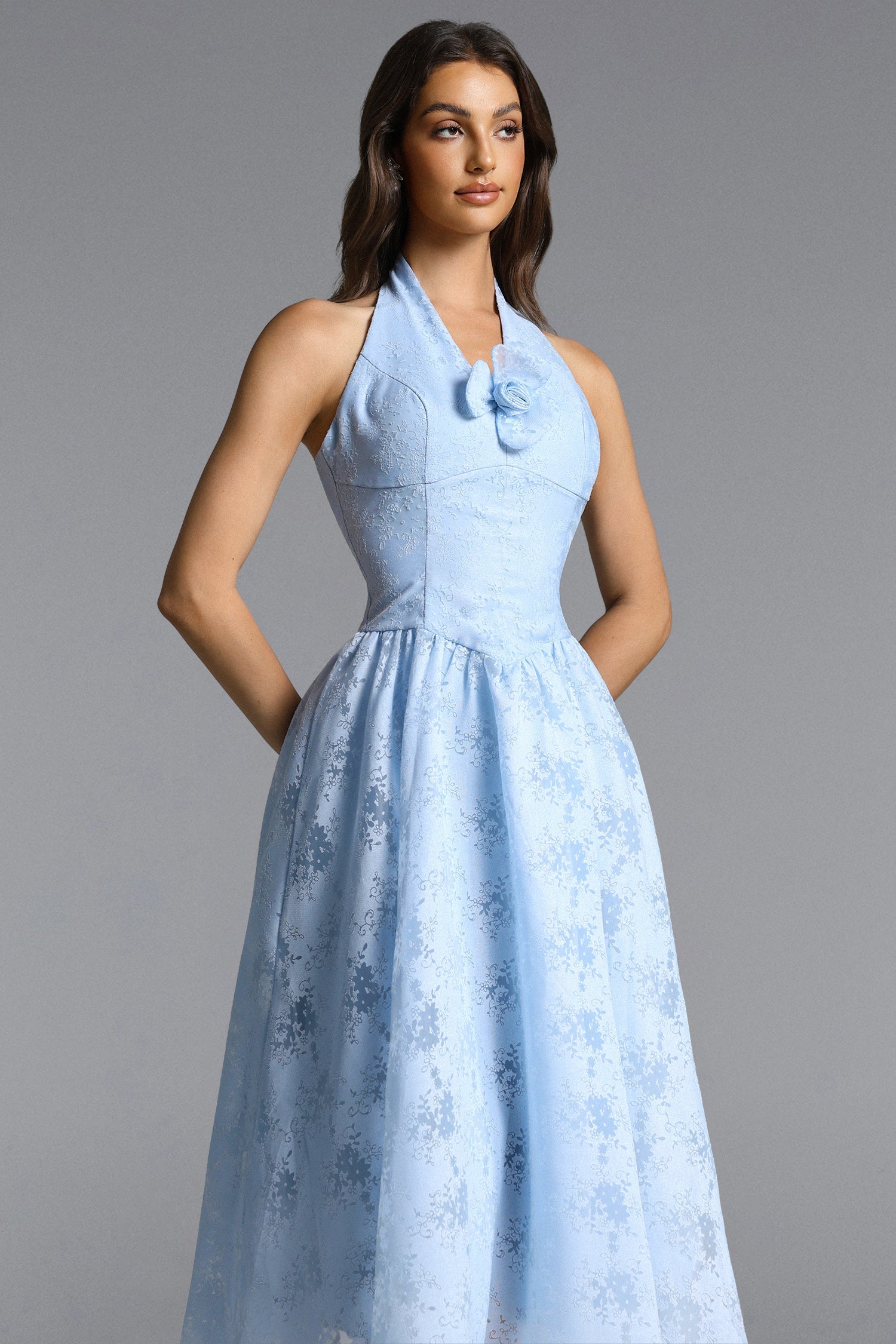 Delaney Blue Halter Floral Jacquard Midi Dress - OWNCI Delaney Blue Halter Floral Jacquard Midi Dress - OWNCI