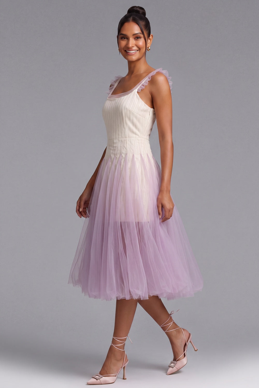 Gradient Tulle Midi Dress with Ruffle Straps - OWNCI