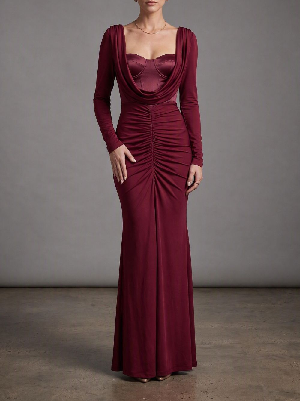 Long Sleeve Draped Bustier Maxi Dress Burgundy - OWNCI