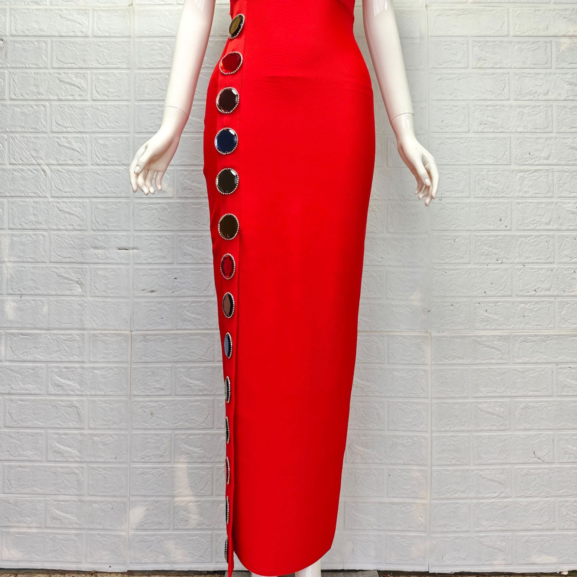 Red Heavy Stretch Crepe Column Dress - OWNCI