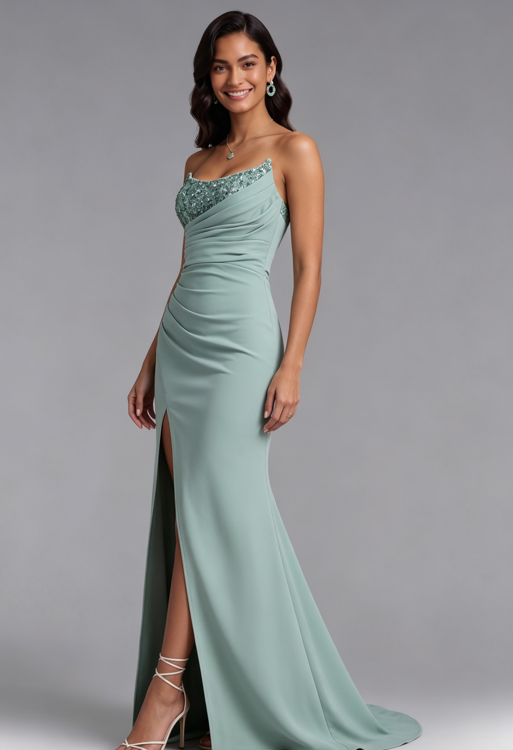 Mint Green One-Shoulder Sequin Evening Gown - OWNCI