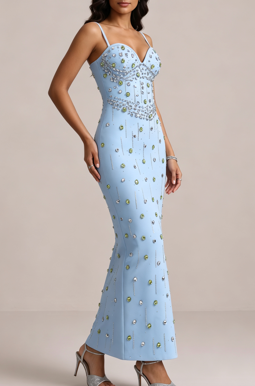 Spaghetti Strap Sweetheart Neck Two-Tone Rhinestone Midi Dress - OWNCI