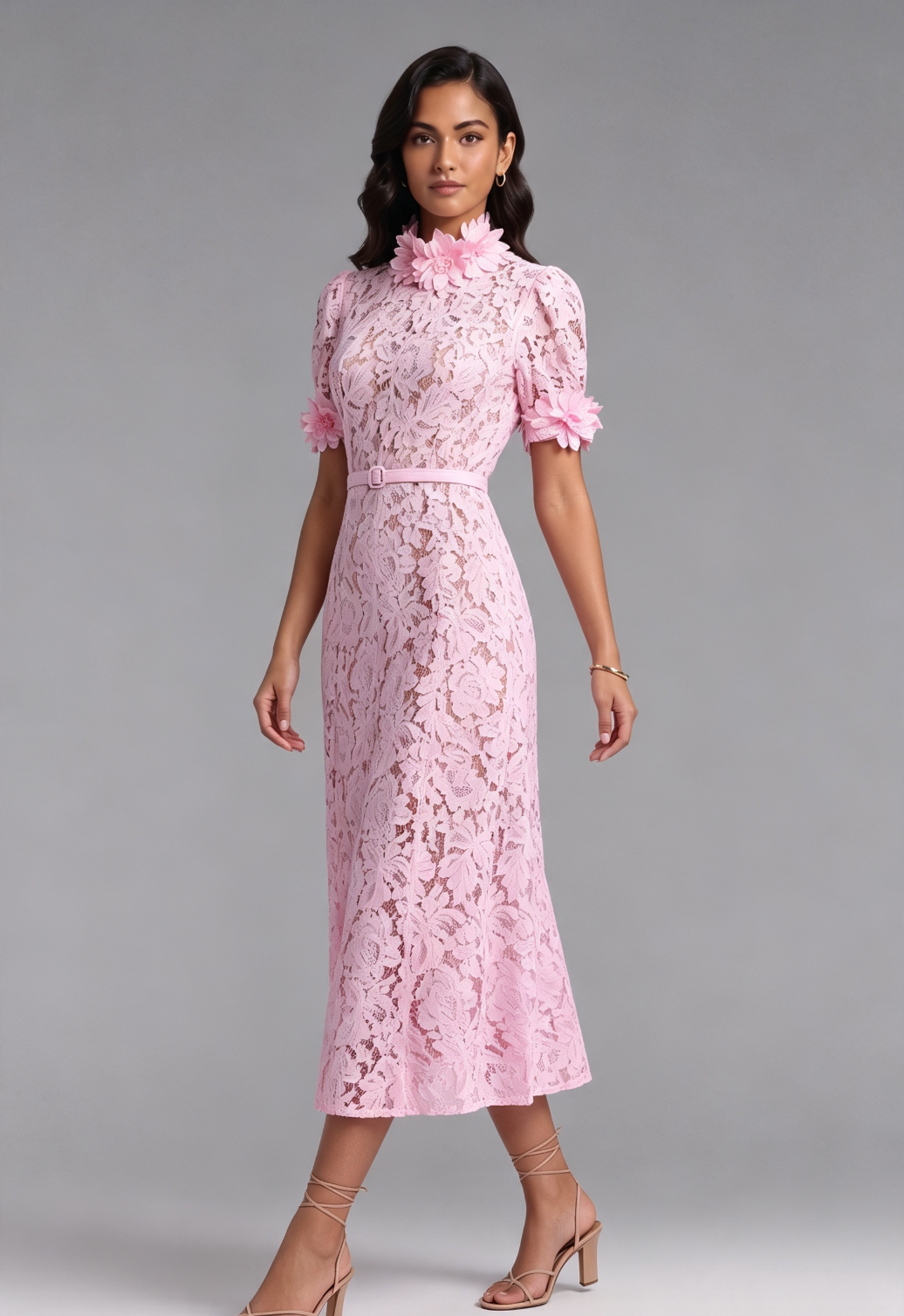 Pink Floral Lace A-Line Midi Dress - OWNCI