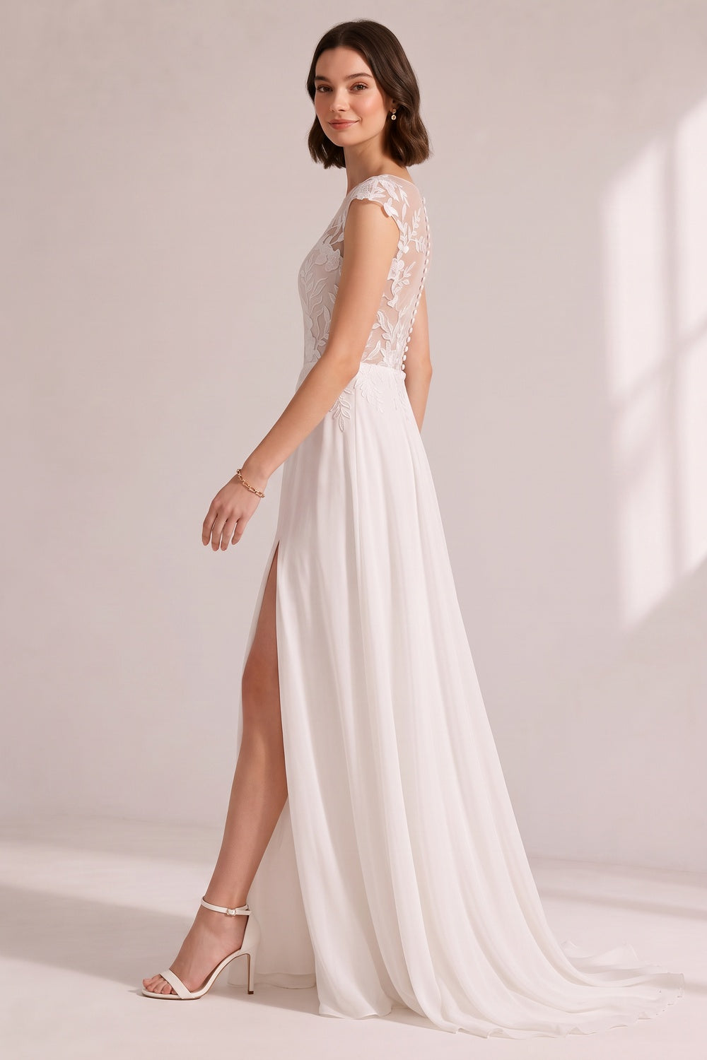 Illusion Cap Sleeve Floral Lace High Slit Chiffon Wedding Gown - OWNCI