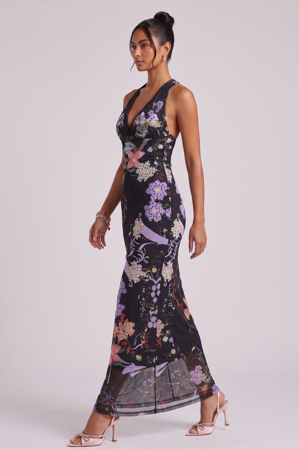 Black Sheer Mesh Fitted Column Maxi Dress with Engineered Floral Print - OWNCI Black Sheer Mesh Fitted Column Maxi Dress with Engineered Floral Print - OWNCI