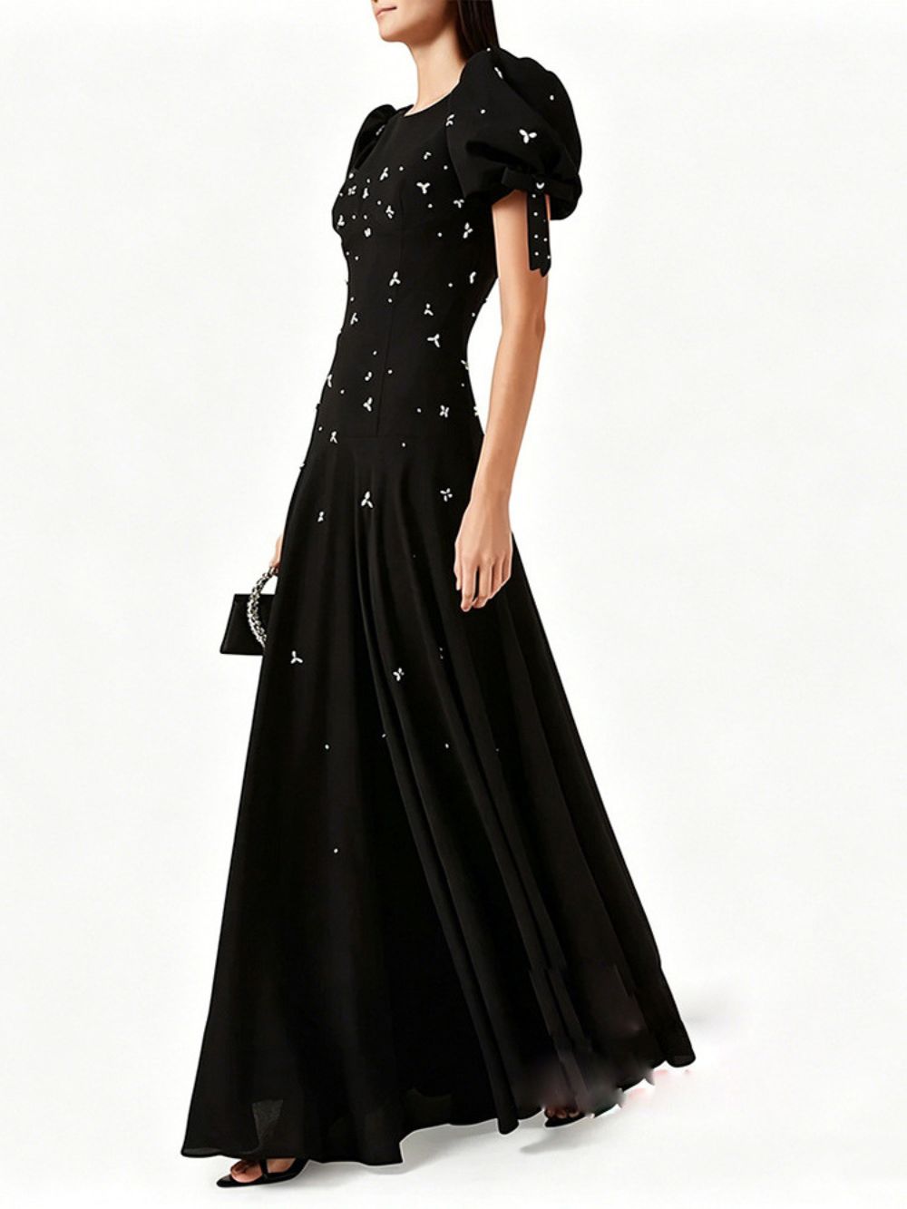 Short Sleeve Crystal A Line Maxi Dress Black - OWNCI