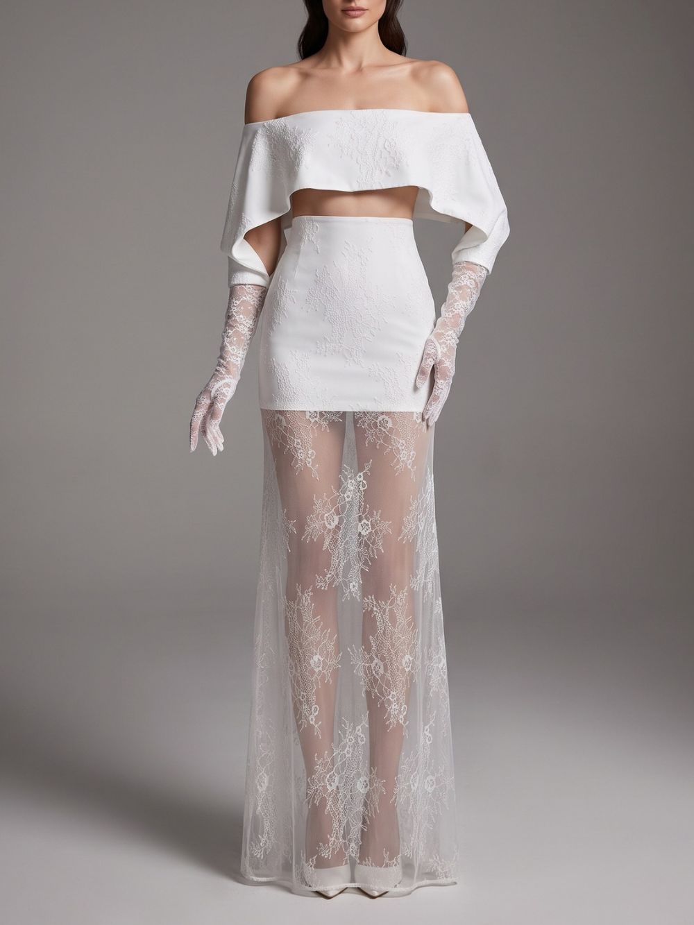 Lace Glove Sleeves Bardot Maxi Dress White - OWNCI