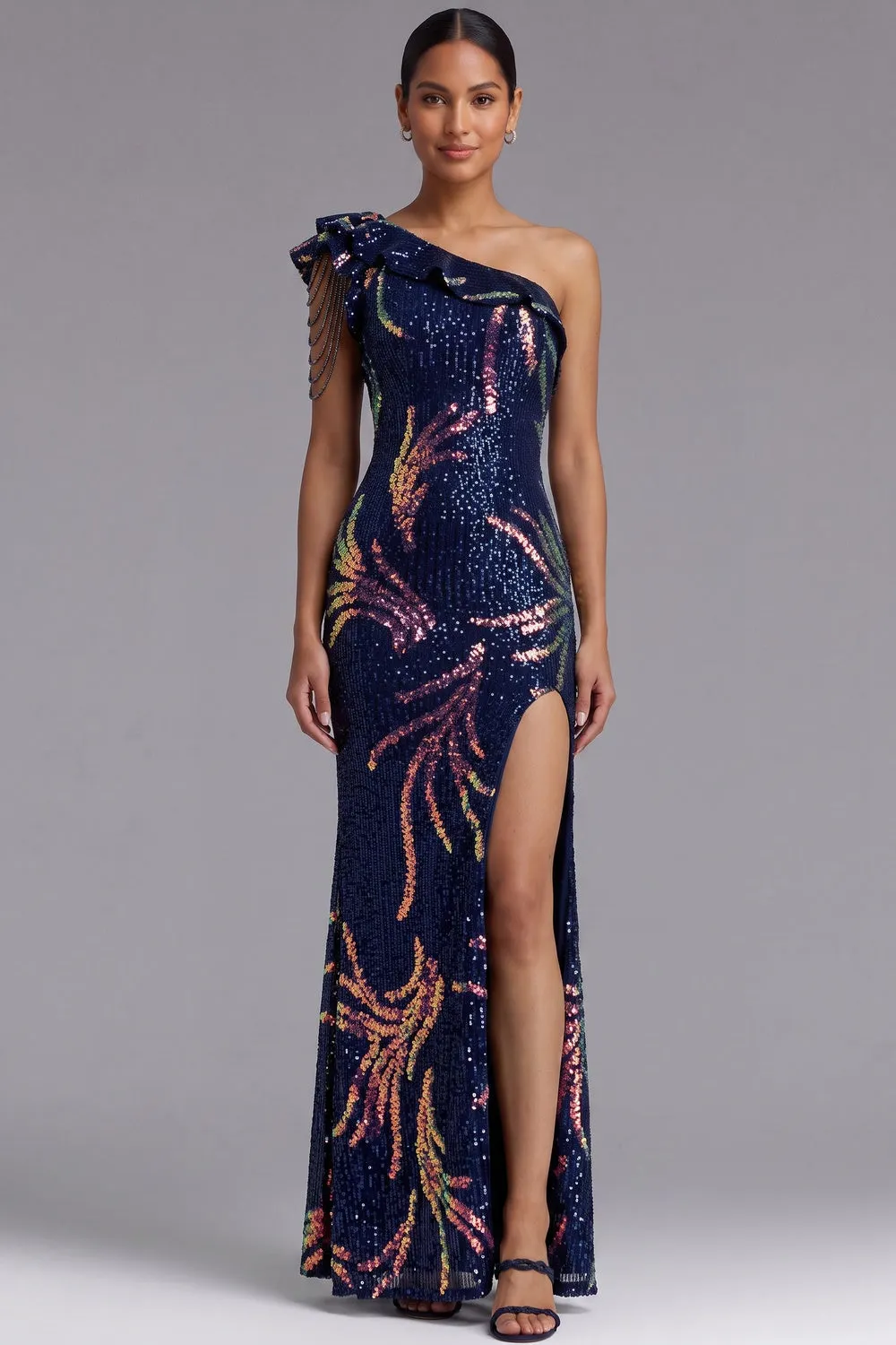 Navy Blue One-Shoulder Sequin Maxi Gown - OWNCI Navy Blue One-Shoulder Sequin Maxi Gown - OWNCI