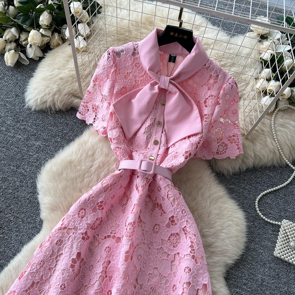 Light Pink Floral Lace A-Line Midi Dress - OWNCI Light Pink Floral Lace A-Line Midi Dress - OWNCI