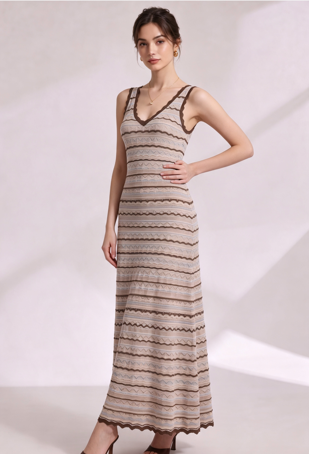 Beige Crochet-Style Knit A-Line Maxi Dress - OWNCI Beige Crochet-Style Knit A-Line Maxi Dress - OWNCI