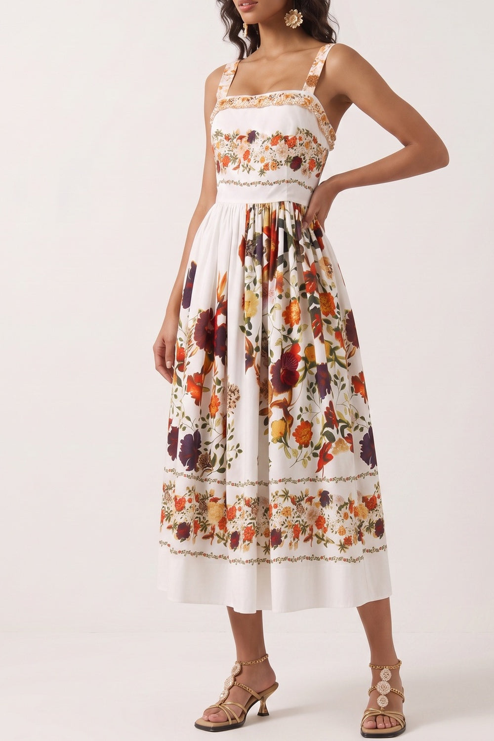 Wide Strap Floral Print Midi Dress - OWNCI