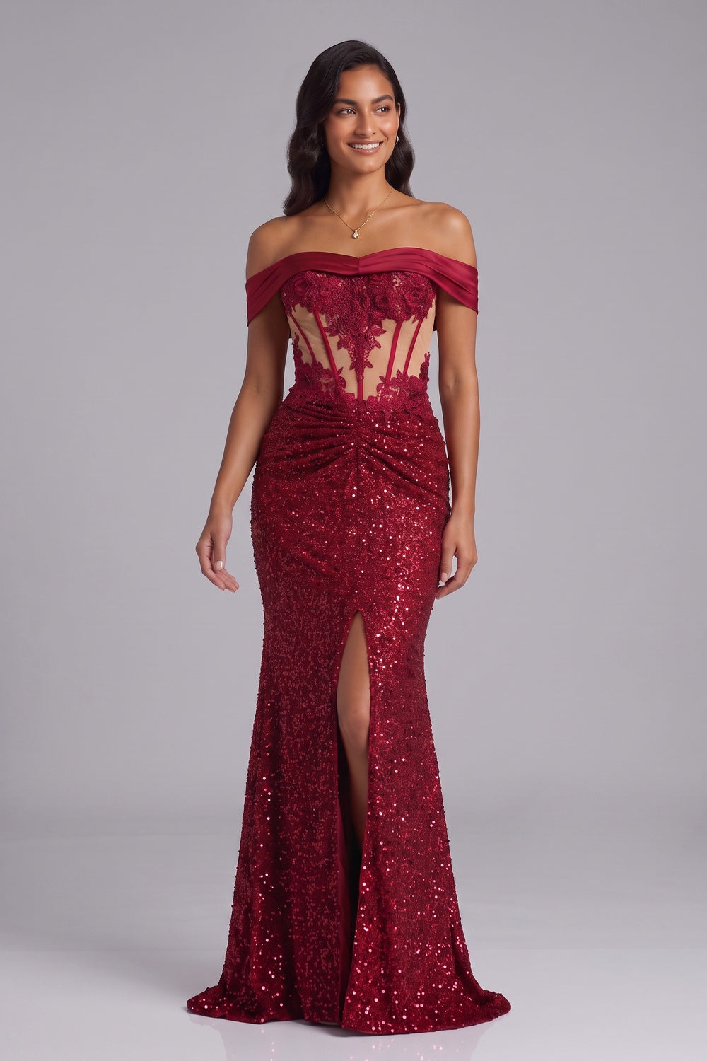 Deep Red Sequin Off-the-Shoulder Mermaid Gown - OWNCI
