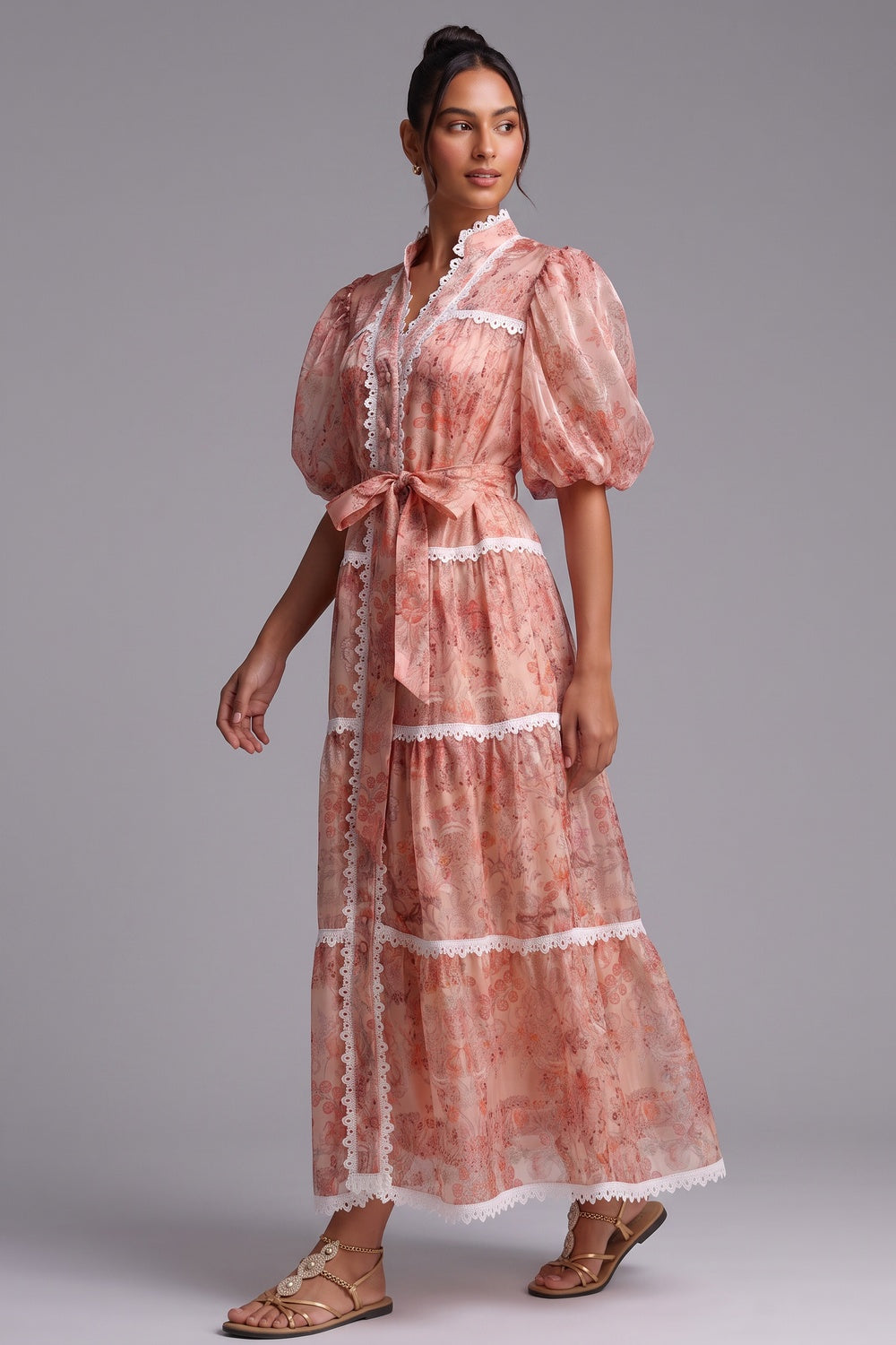 Peach Organza A-Line Tiered Maxi Dress with Botanical Floral Print - OWNCI Peach Organza A-Line Tiered Maxi Dress with Botanical Floral Print - OWNCI