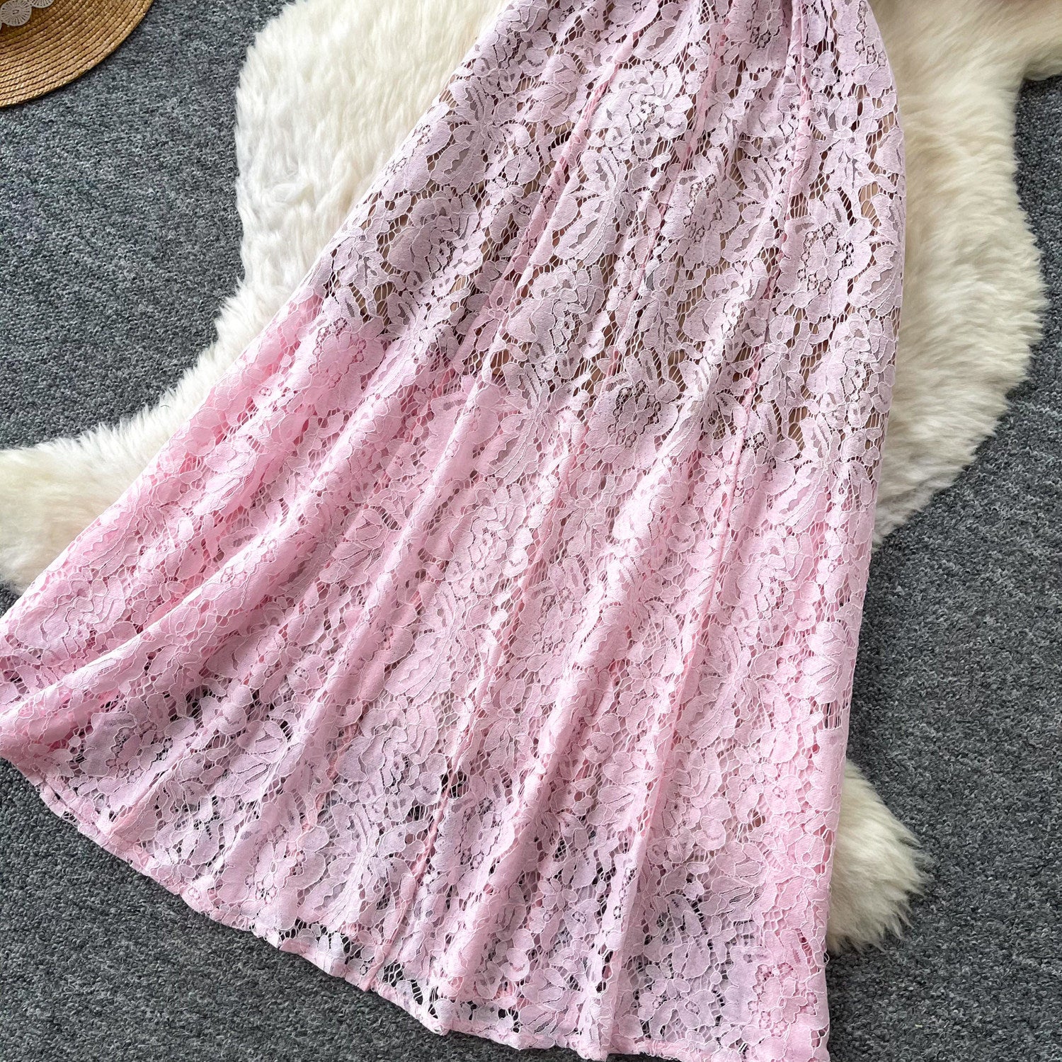Pink Floral Lace A-Line Midi Dress - OWNCI