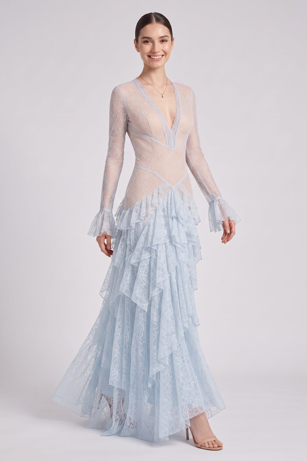 Light Blue Floral Lace Tiered A-Line Gown - OWNCI Light Blue Floral Lace Tiered A-Line Gown - OWNCI