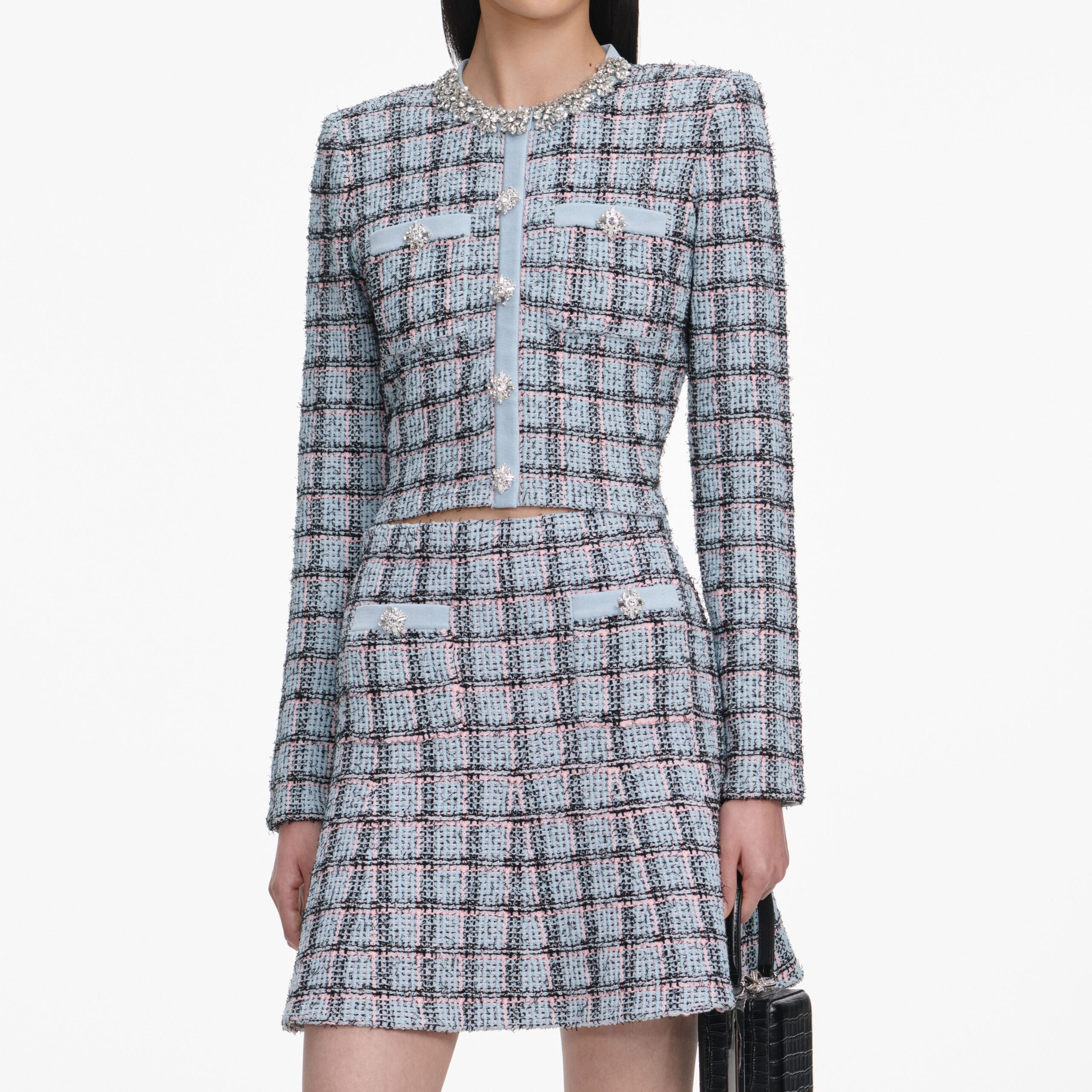 Marjorie Rhinestone Check Knit Cardigan Skirt Set – Pale Blue - OWNCI Marjorie Rhinestone Check Knit Cardigan Skirt Set – Pale Blue - OWNCI