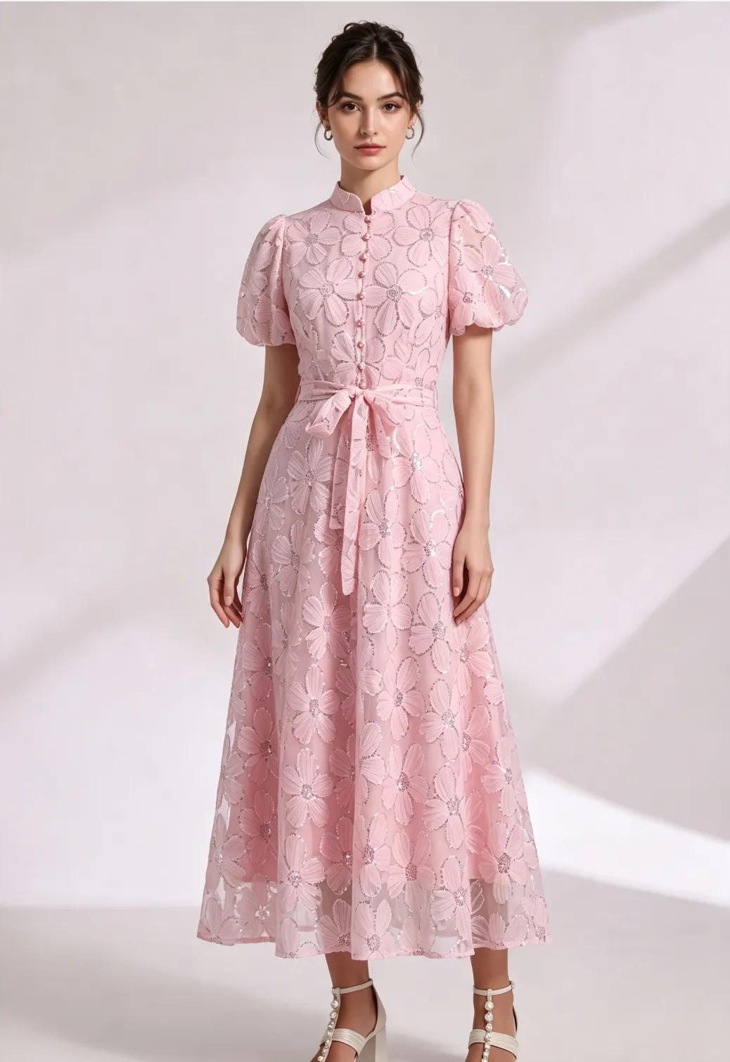 Light Pink Sheer Organza A-Line Midi Dress with Floral Applique - OWNCI Light Pink Sheer Organza A-Line Midi Dress with Floral Applique - OWNCI