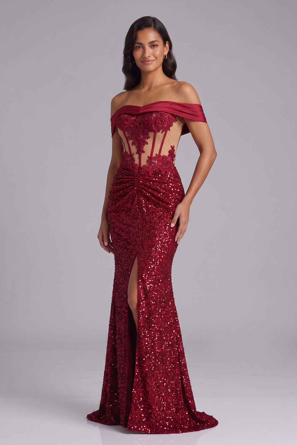 Deep Red Sequin Off-the-Shoulder Mermaid Gown - OWNCI Deep Red Sequin Off-the-Shoulder Mermaid Gown - OWNCI