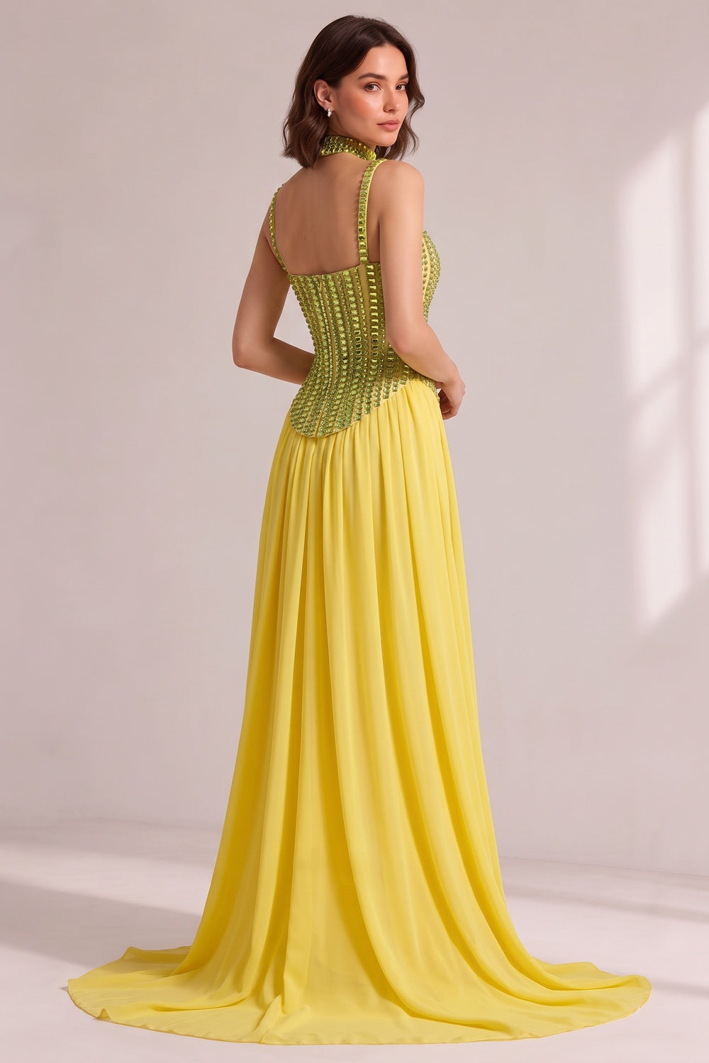 Lime Green Rhinestone Spaghetti Strap Choker Neck Pleated Chiffon Train Evening Gown - OWNCI Lime Green Rhinestone Spaghetti Strap Choker Neck Pleated Chiffon Train Evening Gown - OWNCI
