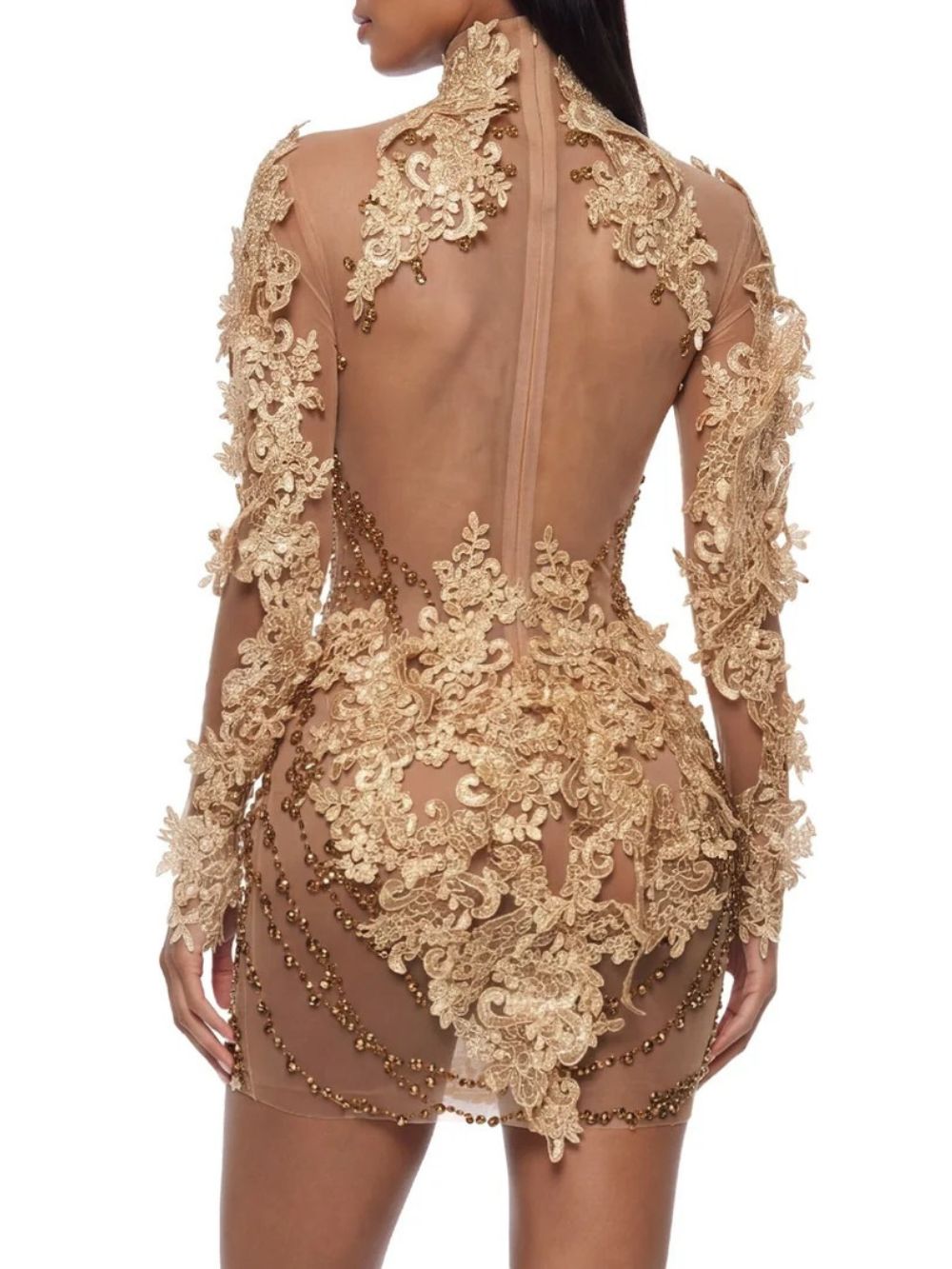 Hadrine Long Sleeve Rhinestone Mini Dress - OWNCI