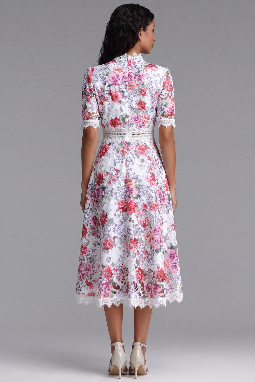 White Guipure Lace Floral Midi Dress - OWNCI White Guipure Lace Floral Midi Dress - OWNCI