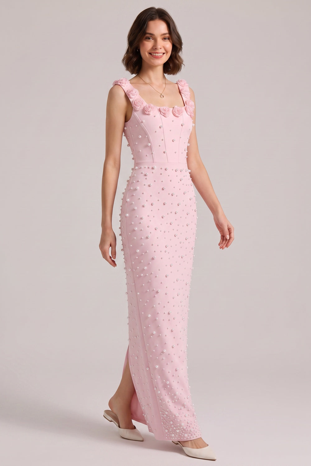 Pink 3D Rose Strap All Over Pearl Beaded Mermaid Maxi Gown - OWNCI