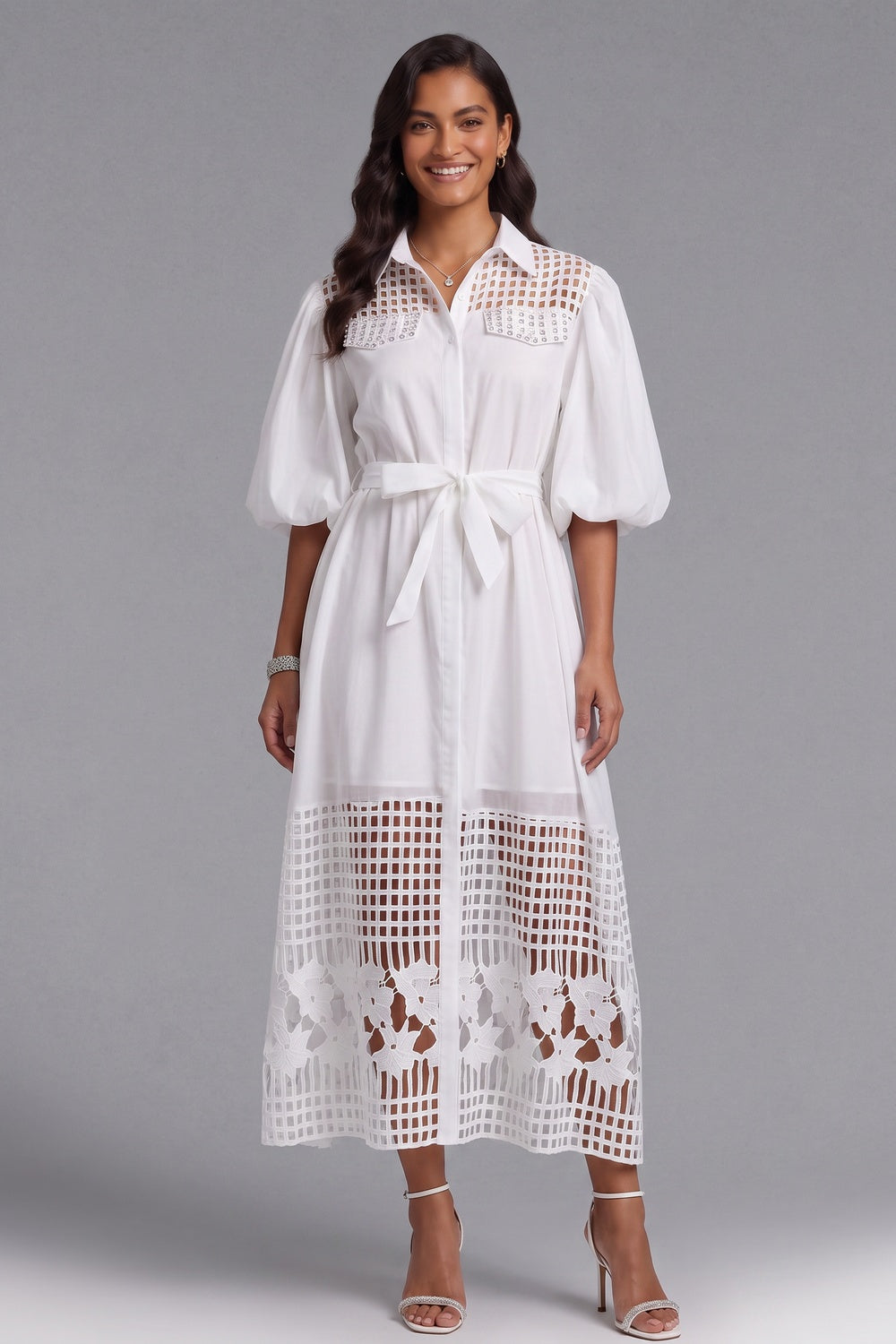 White A-Line Shirt Dress with Lace Panels and Puff Sleeves - OWNCI White A-Line Shirt Dress with Lace Panels and Puff Sleeves - OWNCI