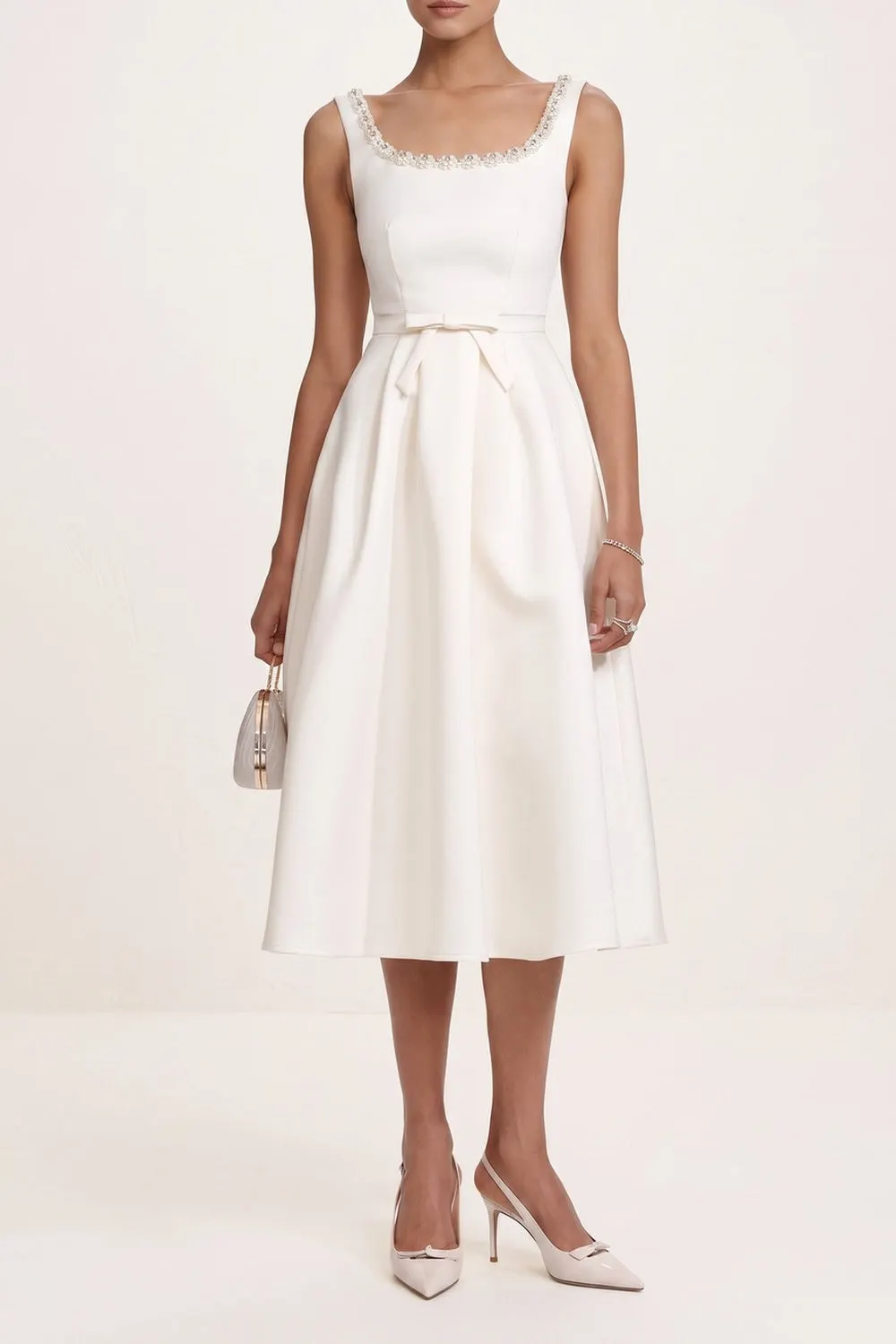 Crystal Trim Square Neck Sleeveless Bow Waist A-Line Midi Dress - OWNCI Crystal Trim Square Neck Sleeveless Bow Waist A-Line Midi Dress - OWNCI
