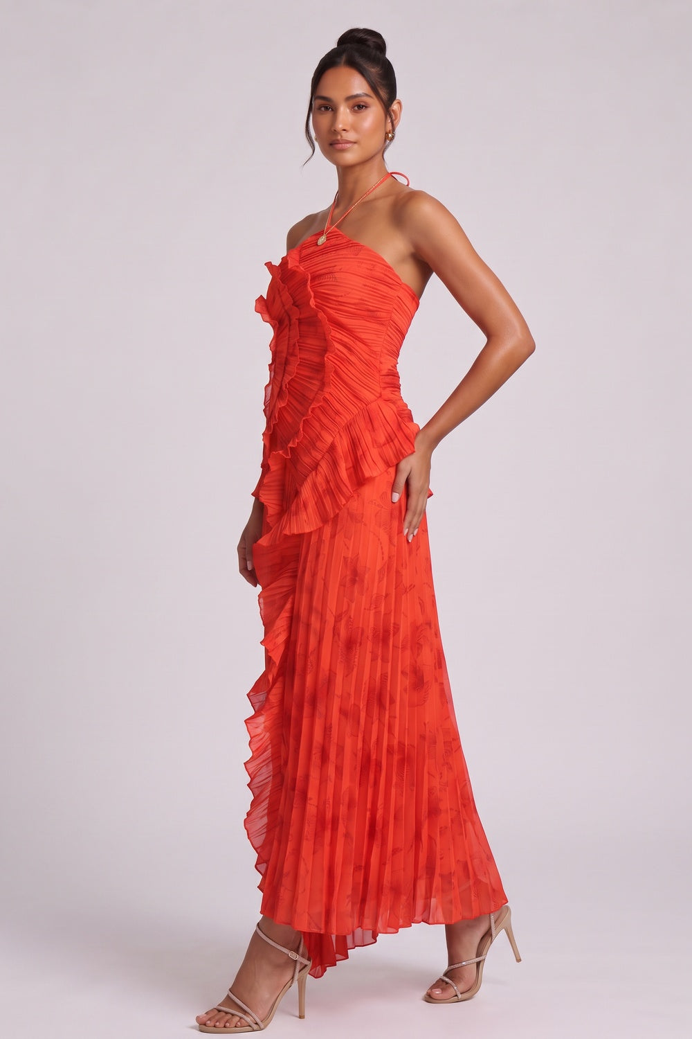 Red Chiffon A-Line Maxi Dress with Cascading Ruffles - OWNCI