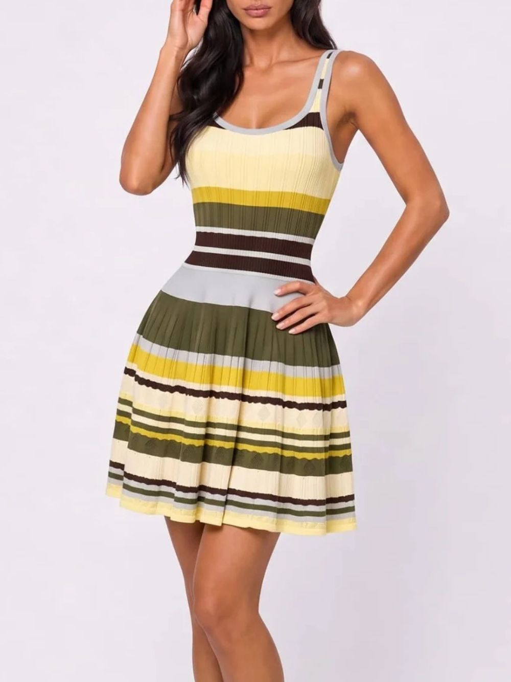 Vexoria U Neck Stripe Knit Mini Dress - OWNCI