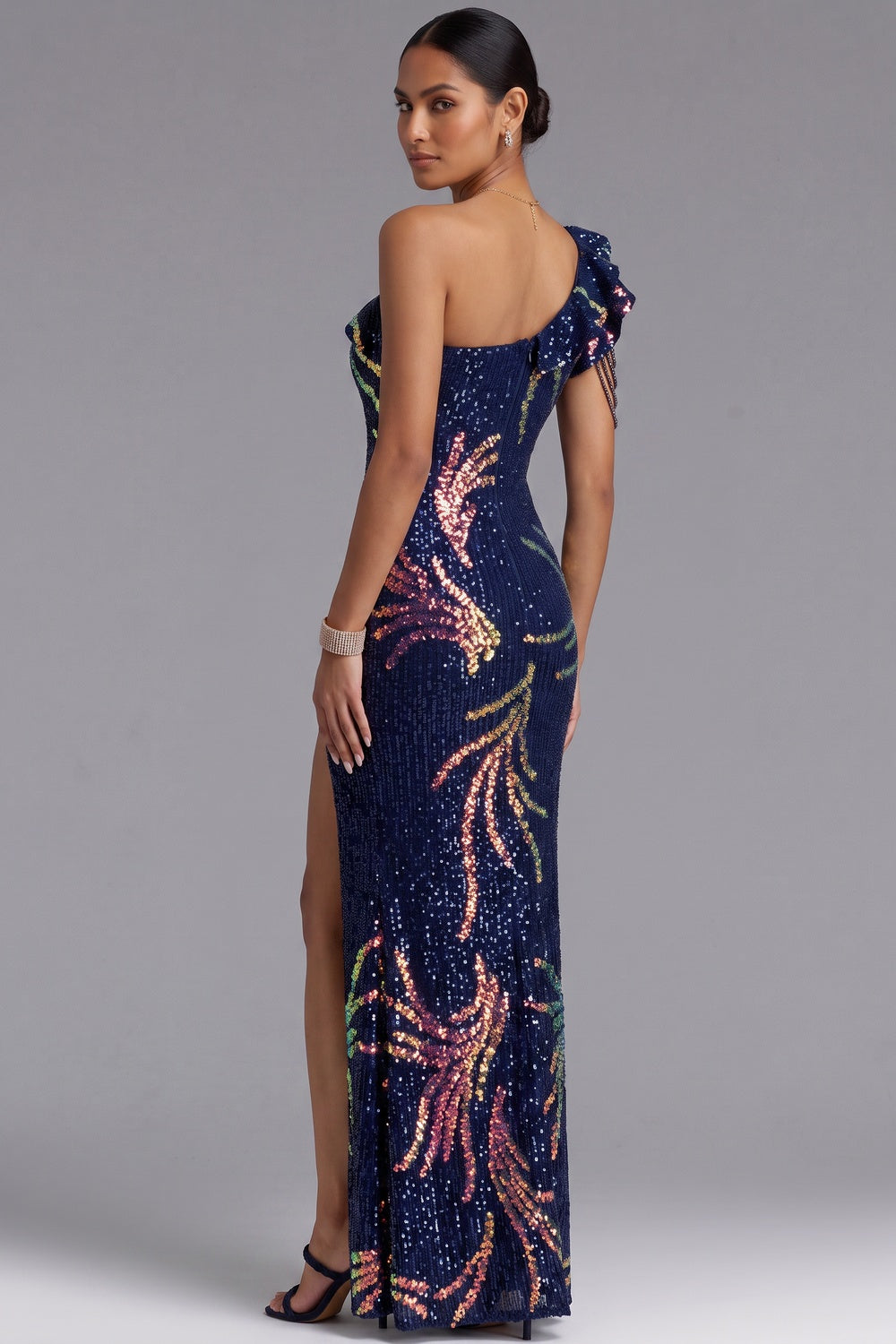 Navy Blue One-Shoulder Sequin Maxi Gown - OWNCI Navy Blue One-Shoulder Sequin Maxi Gown - OWNCI
