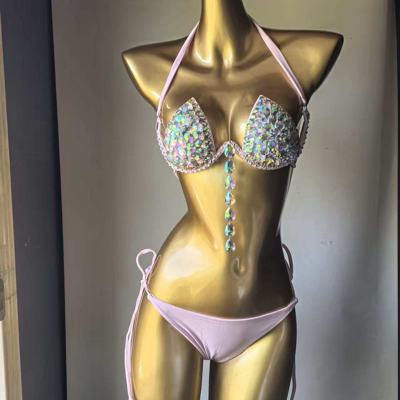 Sparkle Rhinestone Halter Tie Side Two‑Piece Bikini Set - OWNCI