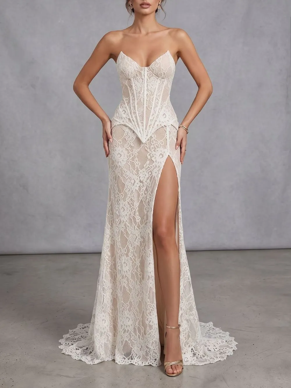 Strapless Lace Corset Two Piece Maxi Dress White - OWNCI Strapless Lace Corset Two Piece Maxi Dress White - OWNCI