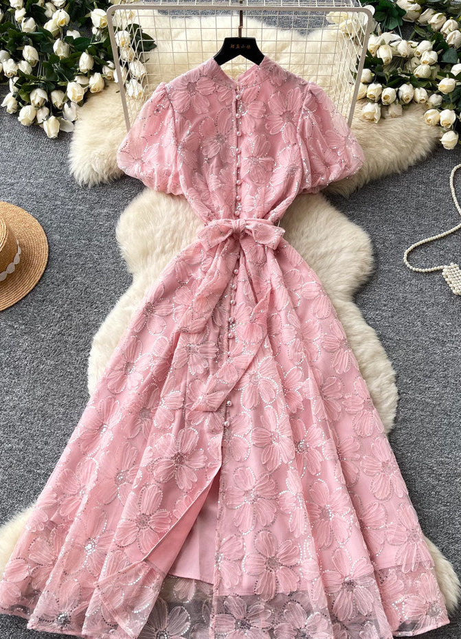 Light Pink Sheer Organza A-Line Midi Dress with Floral Applique - OWNCI Light Pink Sheer Organza A-Line Midi Dress with Floral Applique - OWNCI