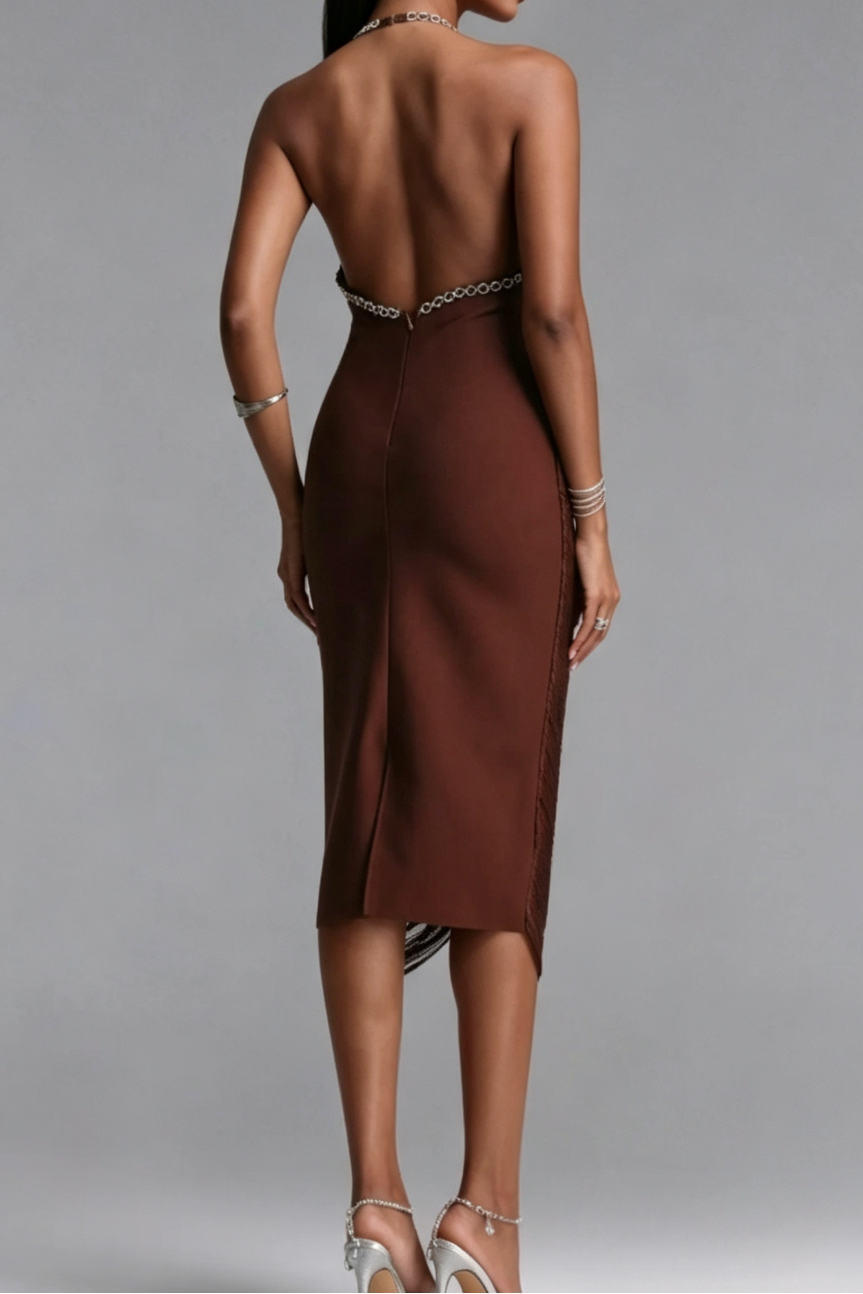 Chocolate Brown Micro-Fringe Textured Synthetic Sheath Dress - OWNCI Chocolate Brown Micro-Fringe Textured Synthetic Sheath Dress - OWNCI