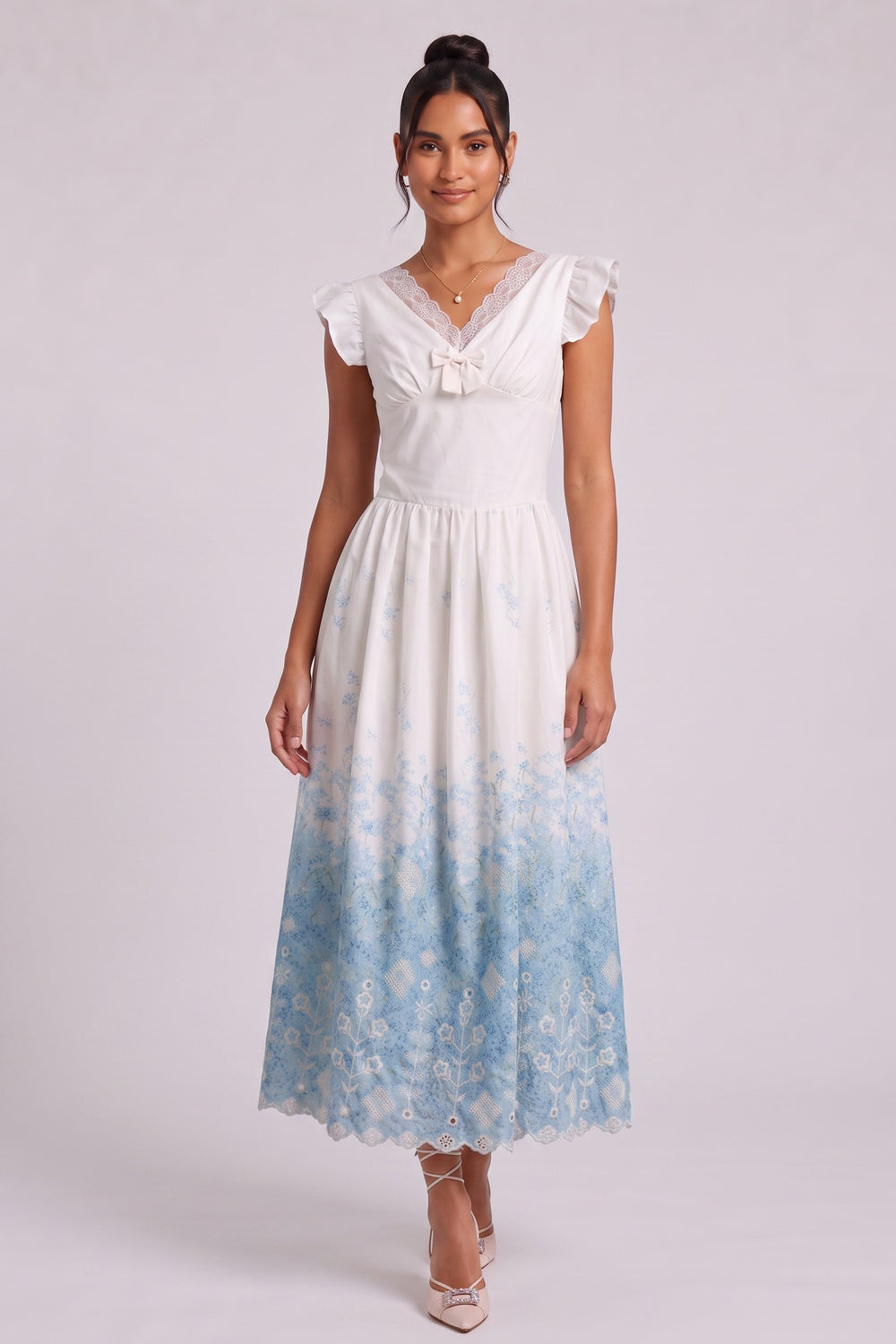 White Cotton Woven Fit-and-Flare Midi Dress with Gradient Floral and Eyelet - OWNCI White Cotton Woven Fit-and-Flare Midi Dress with Gradient Floral and Eyelet - OWNCI