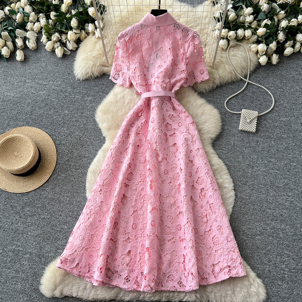 Light Pink Floral Lace A-Line Midi Dress - OWNCI Light Pink Floral Lace A-Line Midi Dress - OWNCI