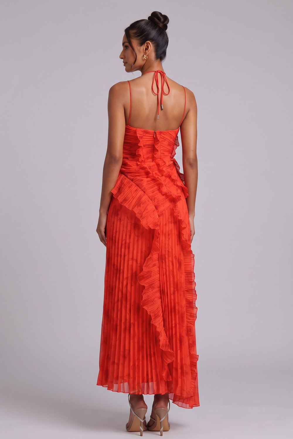 Red Chiffon A-Line Maxi Dress with Cascading Ruffles - OWNCI